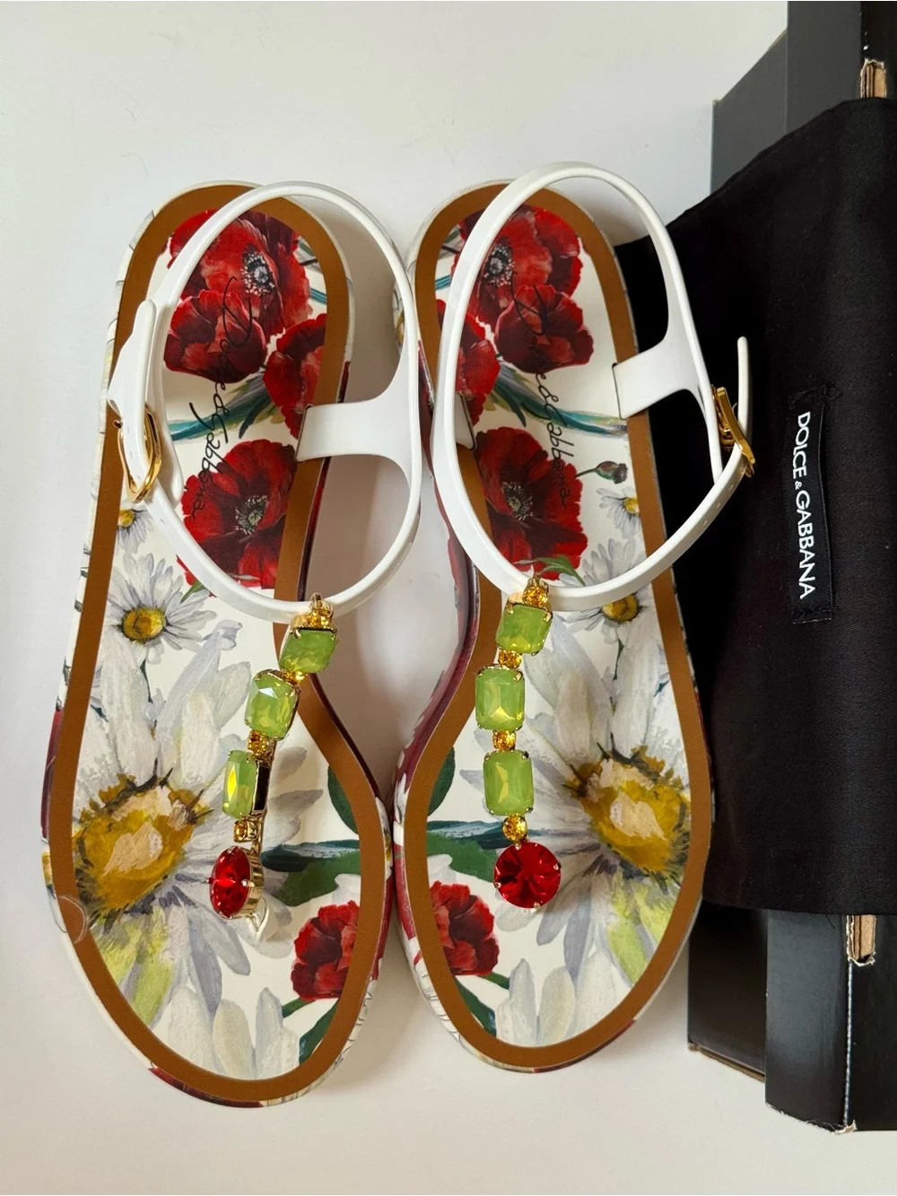 Dolce & Gabbana Poppy/Daisy T-Strap Platform Sandals w/Swarovski Crystals Size 9
